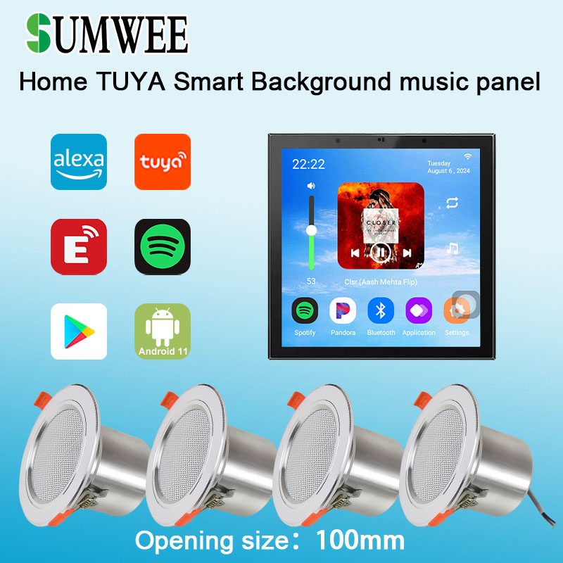 Audio Music Background Free - 4インチAndroid 11搭載TuyaスマートホームBluetoothオーディオ、Alexa音声コントロール対応、天井スピーカー付き壁埋め込み型アンプ（バックグラウンドミュージック対応）