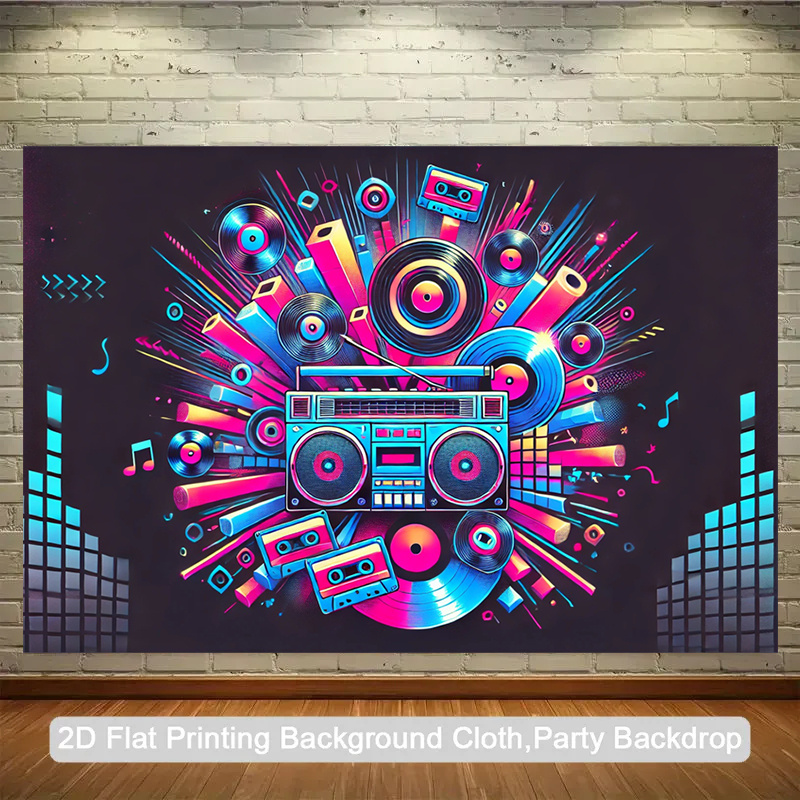 Audio Music Production - 2Dフラット、1ピース製品。 レトロなポータブルオーディオボックス、テープ背景布付き - ネオンレトロ音楽パーティー装飾