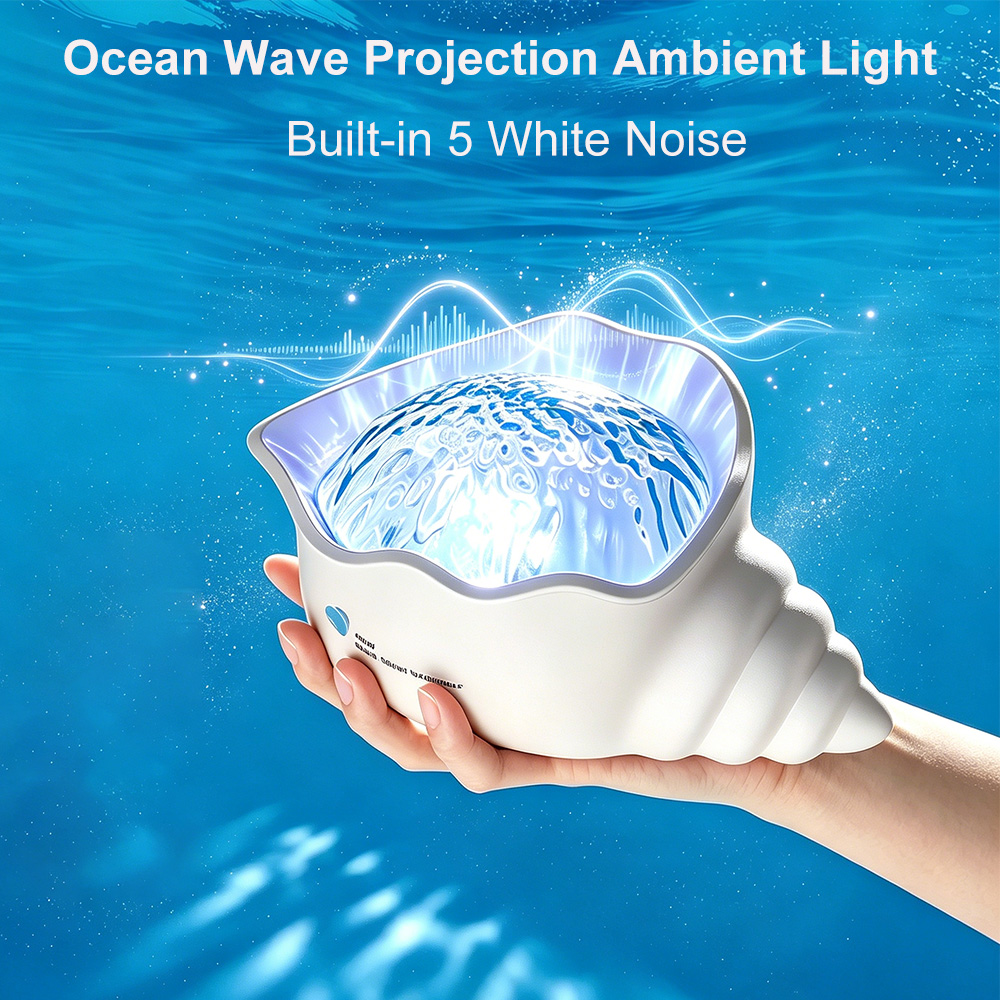 Audio Music Wave - 貝殻型オーシャンウェーブプロジェクションアンビエントライト、5種類の内蔵ホワイトノイズ睡眠補助機能付き、ダイナミックな水波ナイトランプ